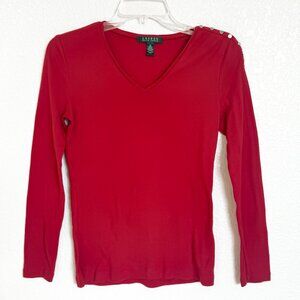 Lauren Ralph Lauren Cotton Long Sleeve Tee Women's XS Red Button Shoulder